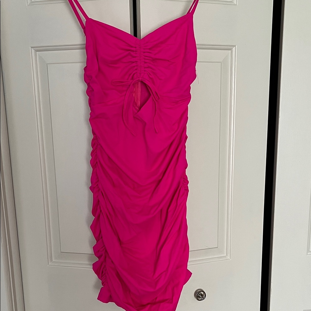 Lulus Vivid Style Bright Pink Ruched Drawstring Bodycon Mini Dress
